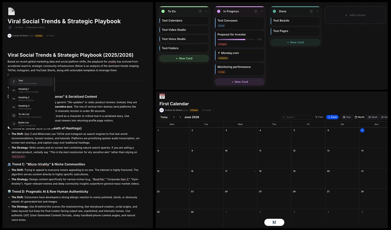 Korema pages, board, and calendar in one workspace