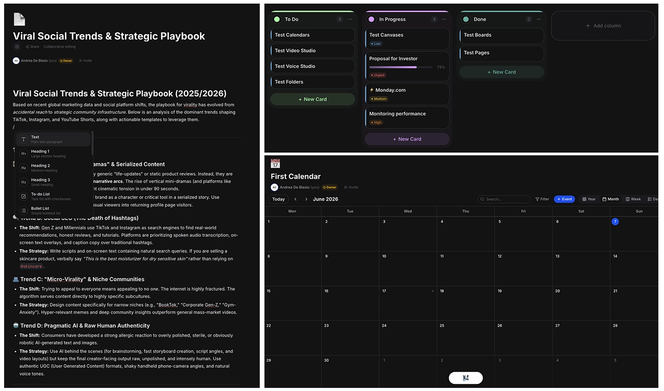 Pages, boards, and calendar workspace